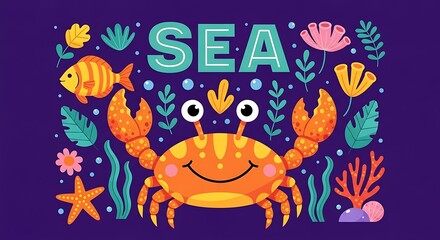 Obraz premium Colorful cartoon crab underwater scene illustration.