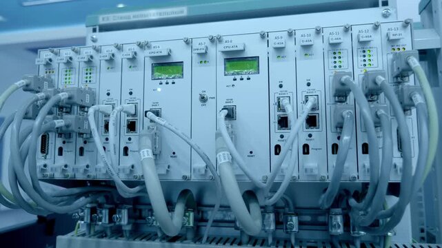 Industrial equipment control and management units with many wires and flashing LEDs. Closeup. Shot in motion