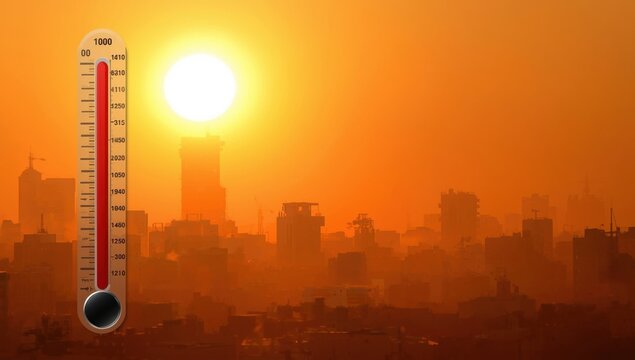Thermometer in blazing sun over hot city skyline 100 degrees fahrenheit