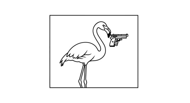 Flamingo Holding Gun, Surreal Cartoon Illustration, Funny Animal Concept
