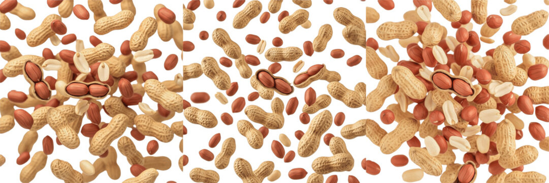 Peanuts Shells and Kernels Flying Arachis hypogaea Man&iacute; Cacahu&egrave;te Erdnuss Arachide Amendoim SEO Protein Snack Motion Explosion Background Screen Cover Healthy Legume Natural Food Pattern Design