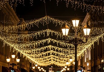 Obraz premium Street decorated with fairy lights at night