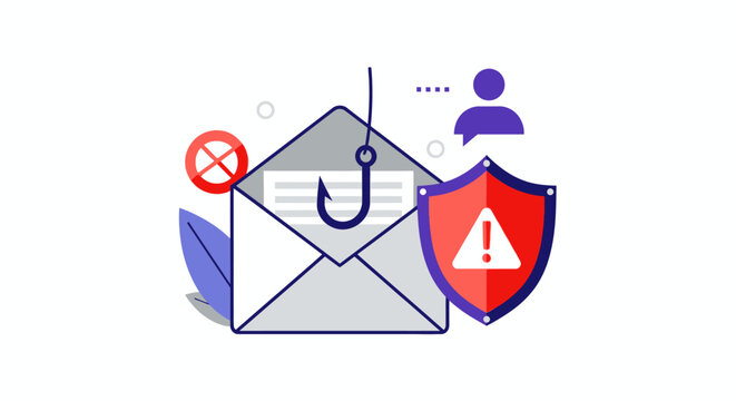 Email phishing scam with security shield and warning sign. Vector Illustrations. EPS Editable