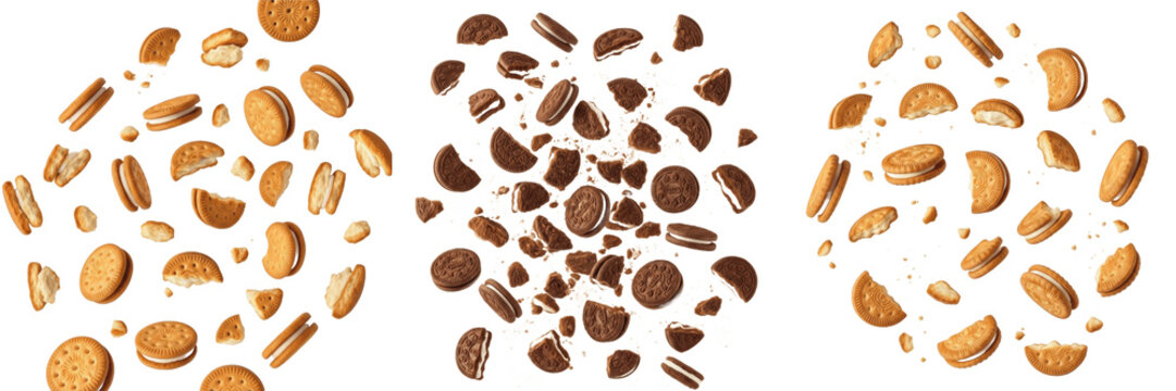 Sandwich Biscuits Broken Flying - Biscuits sandwich cass&eacute;s, Galletas tipo s&aacute;ndwich rotas. Exploding cream-filled layered biscuits. Dynamic snack fragmentation and cream splash.