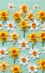 Vibrant daffodils and daisies bloom in cheerful patterns on a soft