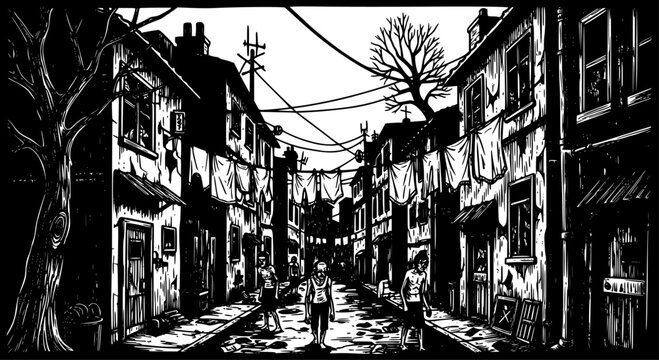 Monochrome woodcut illustration of a deprived neighborhood