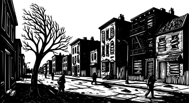 Monochrome woodcut illustration of a deprived neighborhood