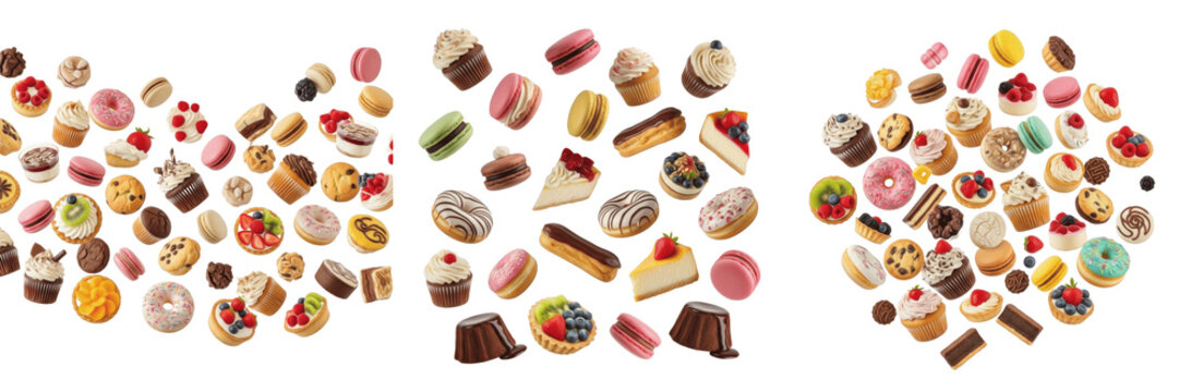 Dessert Assortment Flying - Desserts vari&eacute;s, Surtido de postres. Cakes, pastries, and macarons. Sweet gourmet confectionery explosion for bakery and celebration backgrounds.