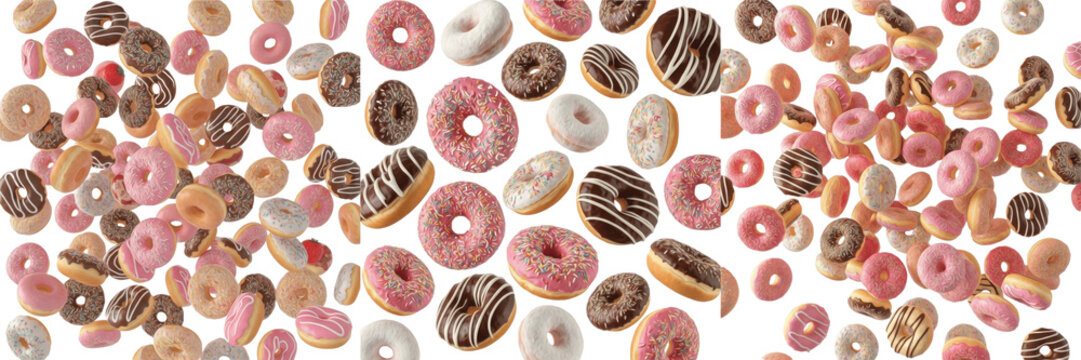 Assorted Sweet Donuts Flying - Beignets, Donas. Mixed fried dough confectionery with toppings. Colorful party dessert donut explosion for bakery menu and celebration background.