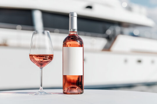 Bottle of rose wine and wineglass on a yacht deck