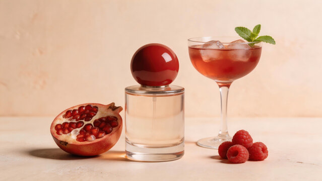 Perfume Still Life Photography, Fragrance Bottle with Scattered Red Pomegranates on Light Pink Backdrop