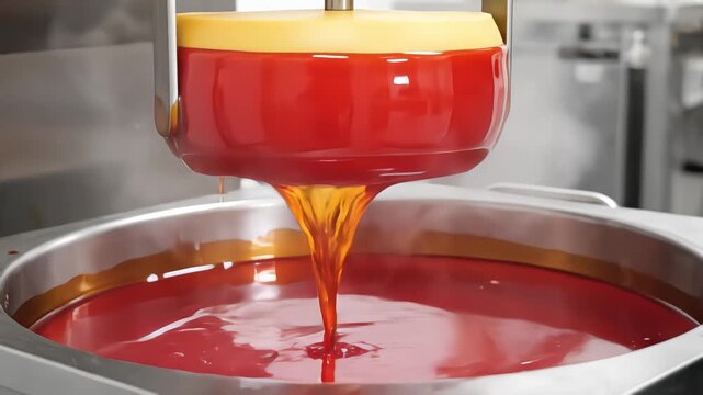 Worker using a mechanical arm to dip a large wheel of yellow cheese into a vat of hot red wax during the preservation and sealing process in a dairy factory
