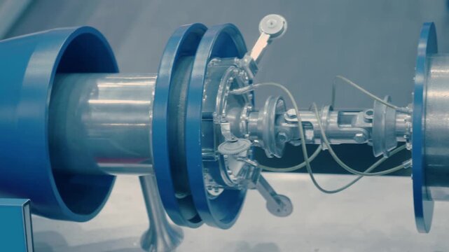A pipe combined magnetic-ultrasonic flaw detector can see in detail at the exhibition. Closeup. Shot in motion