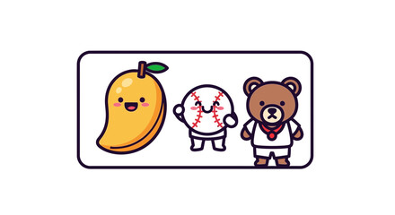 Fototapeta premium Cute Mango, Baseball, and Bear Characters with Happy Expressions