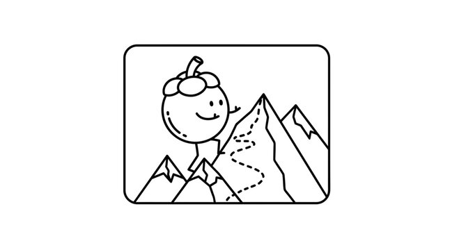 Cute Mangosteen Character Hiking Up Mountain Peak, Adventure and Healthy Lifestyle