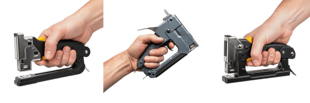 Set of Hands Holding Professional Staple Guns and Tacker Tools in Three Positions Isolated on White Background &ndash; Upholstery and Construction Concept