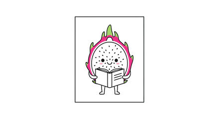 Fototapeta premium Cute Dragon Fruit Character Reading Book, Kawaii Style, Healthy Food Education Concept