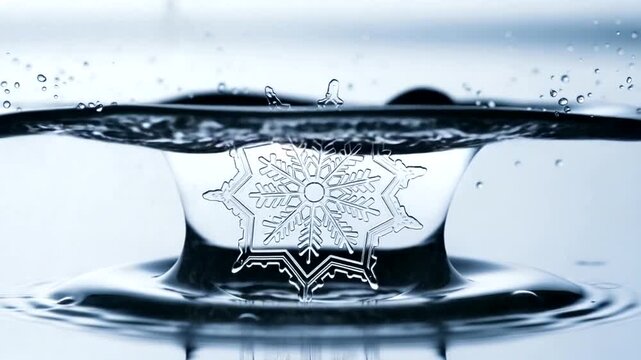 Water droplet creating splash with snowflake pattern