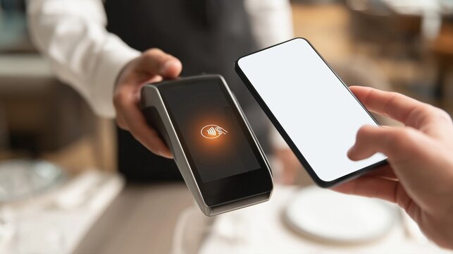 Hand holds smartphone with blank white screen near payment terminal in cafe setting. Demonstrates contactless mobile payment using tap technology in retail or restaurant environment