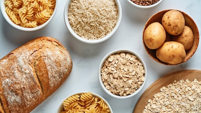 Assortment of carbohydrate rich foods including bread loaf, pasta, rice, oats, and potatoes arranged on light kitchen surface. Scene illustrates ingredients used in everyday cooking and diet planning