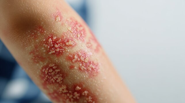 Macro of inflamed skin rash with white pustules on arm