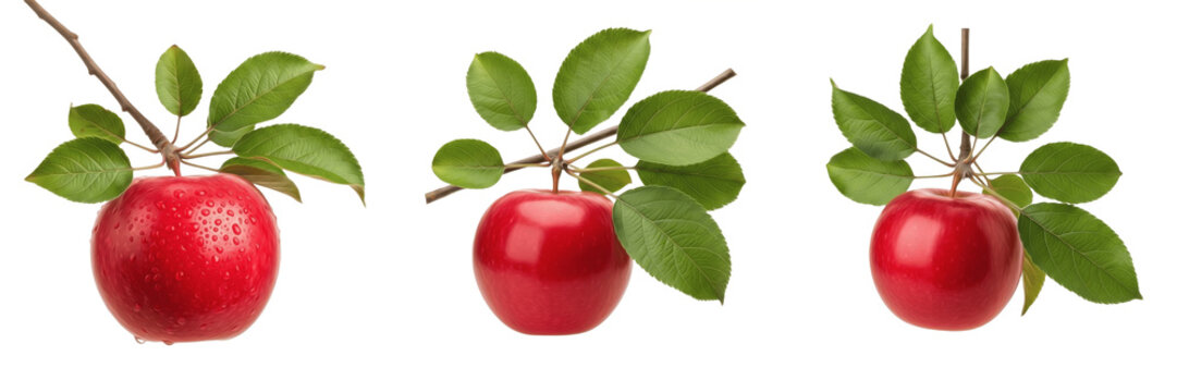 Fresh apple fruit with green leaves on branch isolated on white background, Malus domestica whole apple with leaf stem, red apple green apple orchard fruit isolated clipping path studio fruit image