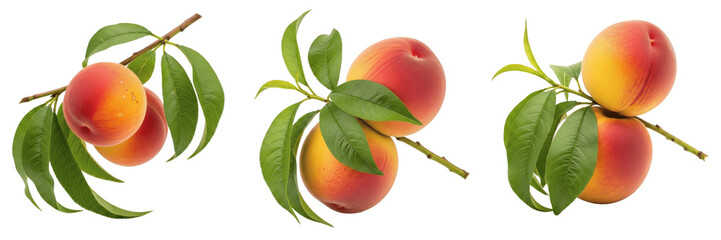Ripe peach pair with leaves on branch isolated on white background, Prunus persica two peaches with stems stone fruit isolated clipping path studio fruit image clean background © BdGai
