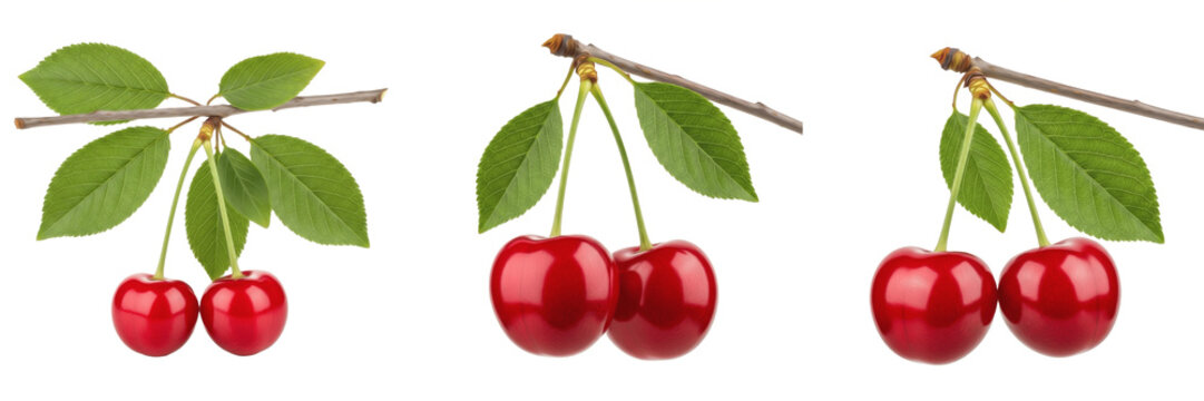 Sweet red cherry pair with leaves on branch isolated on white background, Prunus avium two cherries with stems stone fruit isolated clipping path studio fruit image clean background