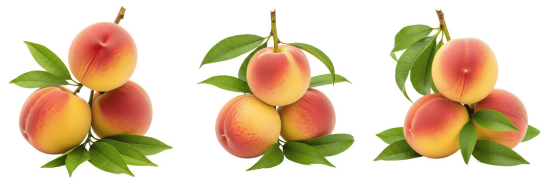 Peach fruit trio with green leaves on branch isolated on white background, Prunus persica three peaches with stems stone fruit isolated clipping path studio fruit image clean background