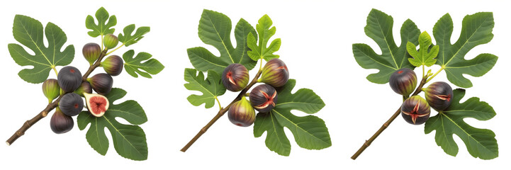 Fresh fig fruits with large leaves on branch isolated on white background, Ficus carica whole figs with leaf stem fruit isolated clipping path studio fruit image clean background © BdGai