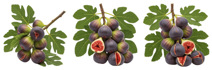 Ripe fig cluster with textured leaves on branch isolated on white background, Ficus carica multiple figs bunch with stems fruit isolated cutout studio fruit photography © BdGai