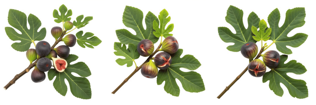 Fresh fig fruits with large leaves on branch isolated on white background, Ficus carica whole figs with leaf stem fruit isolated clipping path studio fruit image clean background