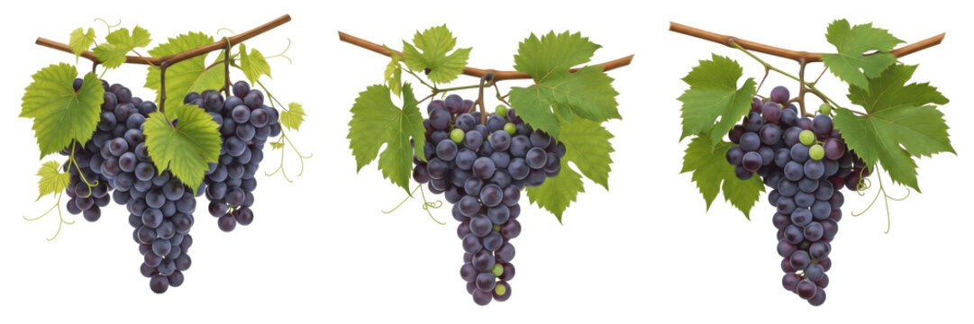 Grapes cluster with vine leaves on branch isolated on white background, Vitis vinifera grape bunch with foliage vineyard fruit isolated clipping path studio fruit image clean background