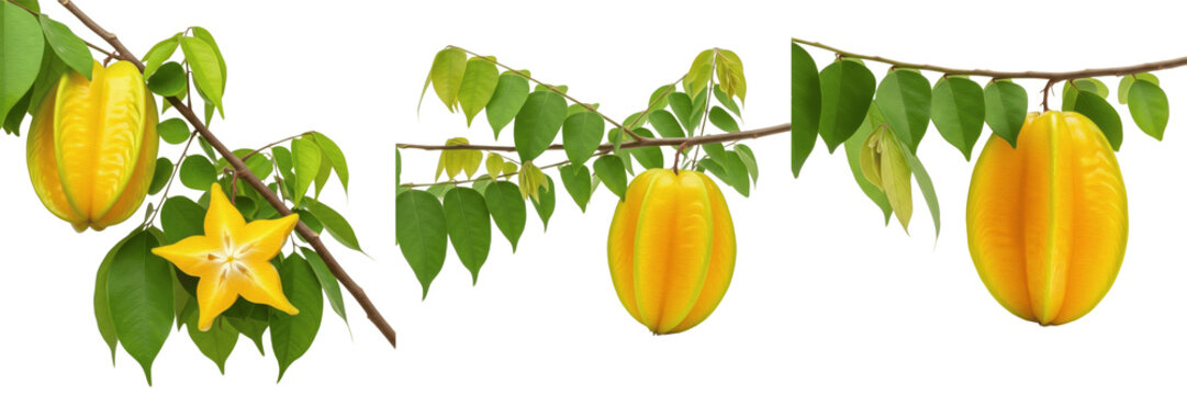 Starfruit with glossy leaves on a branch isolated on white background, Averrhoa carambola whole star fruit tropical fruit isolated clipping path studio fruit image clean background