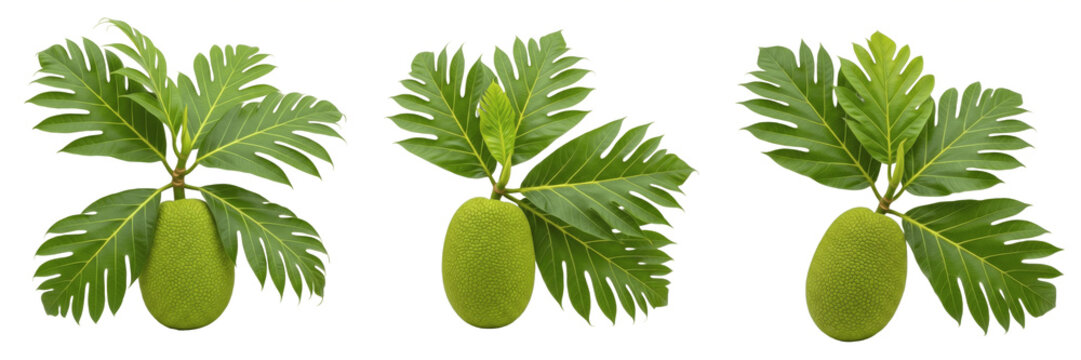 Breadfruit with large tropical leaves on a branch isolated on white background, Artocarpus altilis breadfruit tropical fruit isolated clipping path studio fruit image clean background