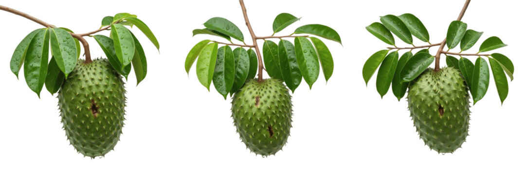 Soursop fruit with glossy leaves on a branch isolated on white background, Annona muricata soursop tropical fruit isolated clipping path studio fruit image clean background