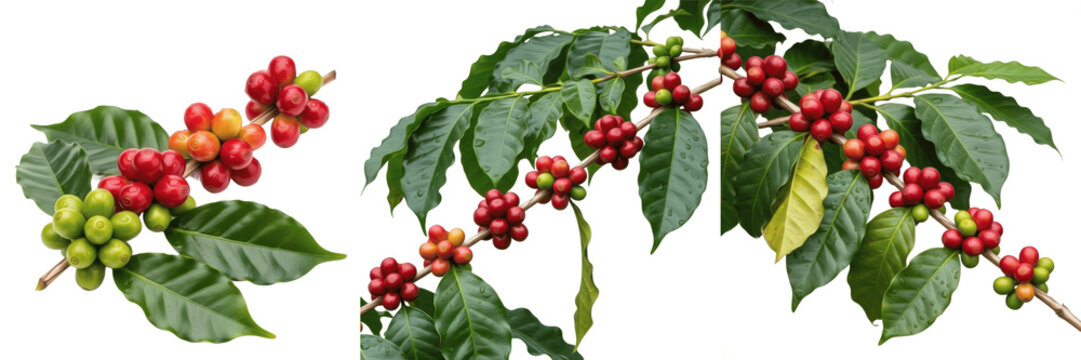 Coffee cherries with glossy leaves on a branch isolated on white background, Coffea arabica coffee fruit cherries plant isolated clipping path studio fruit image clean background