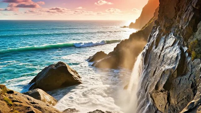 A rocky coastline with a large wave crashing against the rocks at sunset