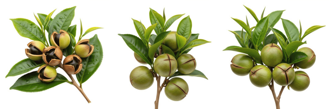 Betel nut fruits with tropical leaves on a branch isolated on white background, Areca catechu betel nut palm fruit isolated clipping path studio fruit image clean background