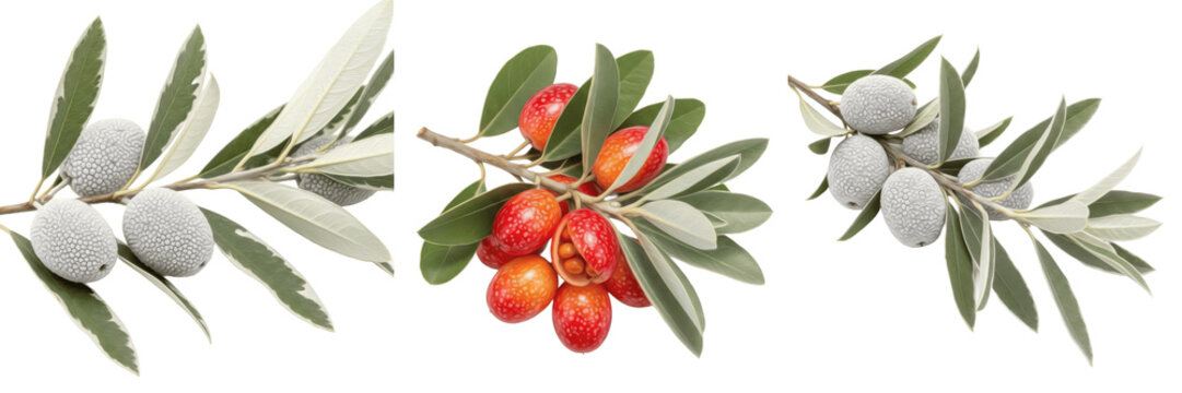 Wood apple (Limonia acidissima) fruit with rough leaves on branch isolated on white background, elephant apple tropical fruit woody shell bael type fruit