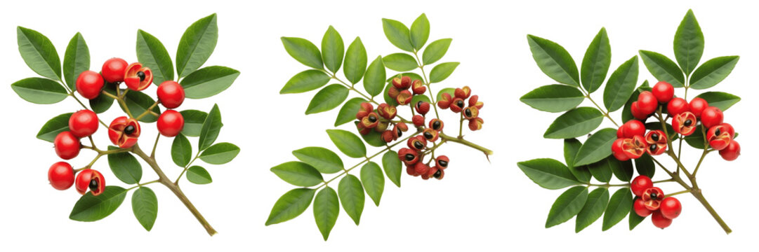 Thimbleberry fruits (Rubus parviflorus) with soft leaves on branch isolated on white background, red thimble berry cluster wild raspberry type fruit