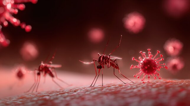 3D illustration of mosquitoes and virus cells on skin surface