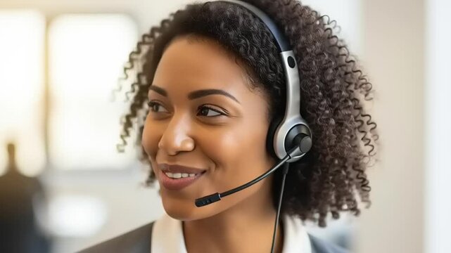 African American woman wearing headset smiling.
