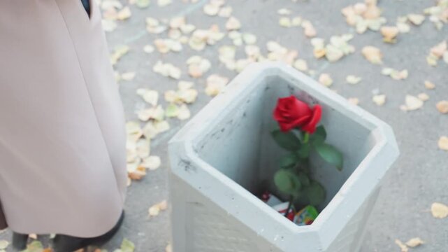 Woman in coat drops red rose on leafstrewn sidewalk, places stem into concrete street bin closeup of hand and bloom, autumn leaves scattered, muted palette, solitary bittersweet gesture, subtle