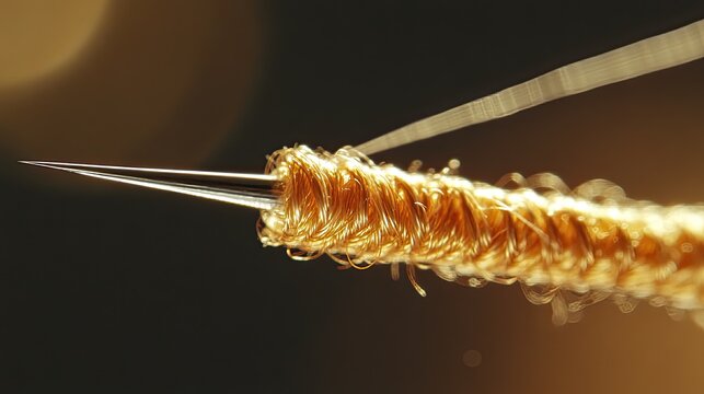 Golden thread with needle closeup.