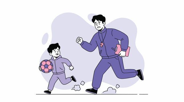 Energetic Young Boy with Soccer Ball Outruns Tired Coach During Outdoor Training Session