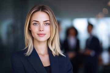 Fototapeta premium Young blonde businesswoman in a navy blazer smiles softly at the camera in a corporate office setting, with blurred colleagues visible in the background