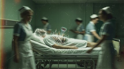 Naklejka premium Man patient on hospital bed with projected holographic city inside body while blurry nurses walk around. Digital mind control, mental manipulation and futuristic human zombification concept.
