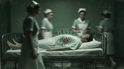 Obraz premium Man lying in hospital bed with holographic city and grid inside body. Nurses attending patient in room. Concept of mind control, digital zombification, cyberpunk and future society.