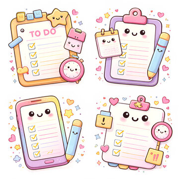 Four adorable kawaii-style illustrations of to-do lists and planners with smiling faces, featuring clipboards, calendars, pencils, and smartphones, surrounded by hearts and stars.